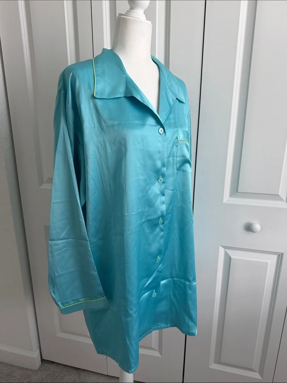 Vintage 90s Victoria’s Secret Satin Nightshirt Aqua Blue Slip Dress L Y2K